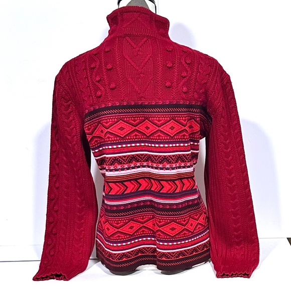 Vintage Women Merino Wool Red Cable Knit Nordic Print Fitted Sweater Designer - Picture 4 of 10